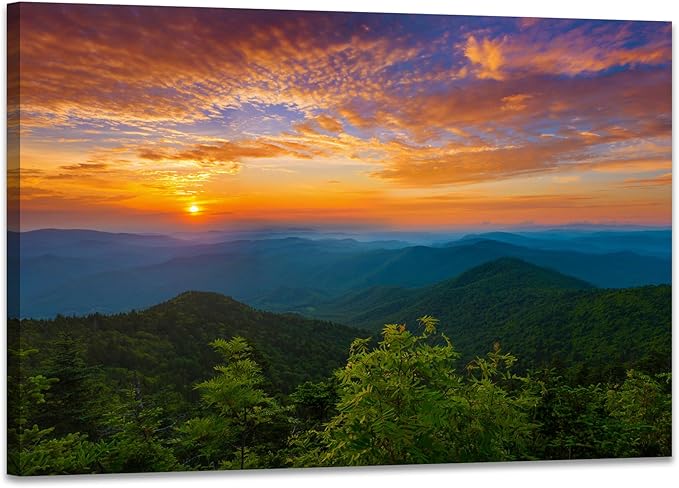 SKASNFAI Smoky Mountain Wall Art Framed Nature Forest Posters Canvas Print Office Picture Wall Decor Blue Ridge Mountain Artwork Painting for Bedroom (24L x 36W)