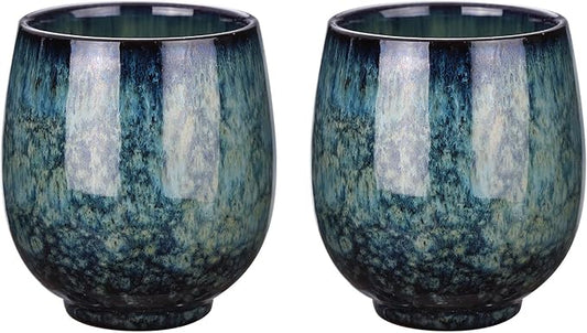 HARFINGTON 2pcs Chinese Ceramic Teacups 5.41oz Traditional Gong Fu Tea Set Japanese No Handle Small Tea Cup for Mate Tea Coffee Wine Drinks, Sapphire Blue