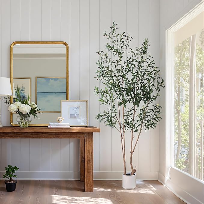 Artificial Olive Trees, 7 FT Tall Fake Olive Tree with White Planter for Indoor - Large Faux Olive Silk Tree for Home Office Decor