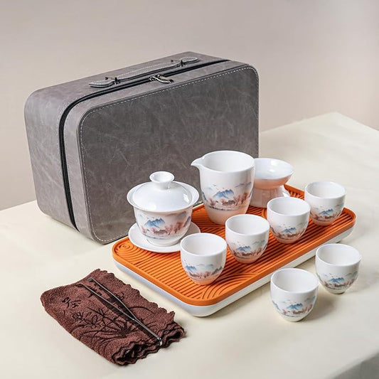 Gaiwan Chinese Gongfu Tea Set,6 cups Portable Tea Set Suitable for home use, travel, and office use
