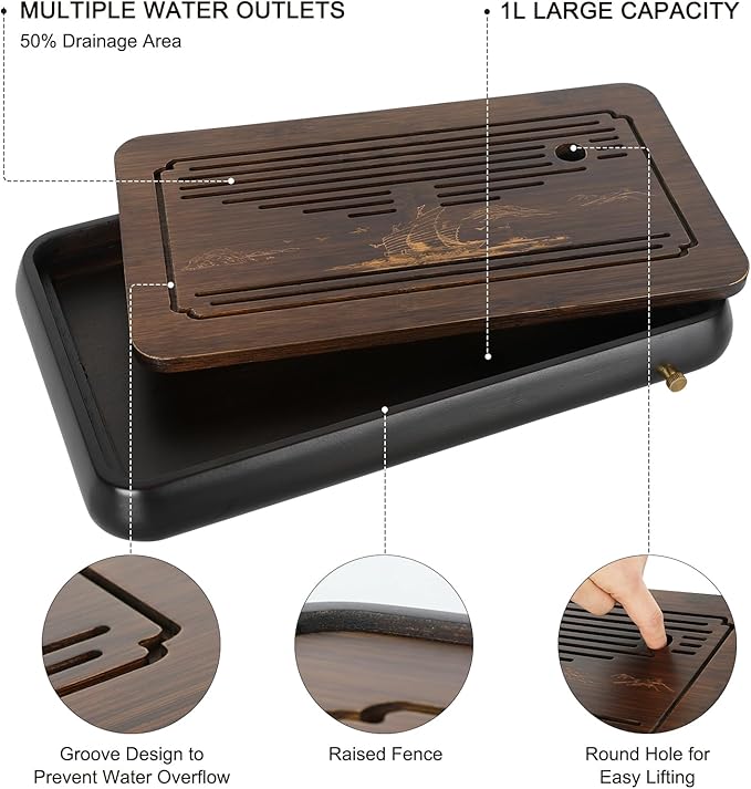 Ufine 15 Inch Bamboo Gongfu Tea Tray with Water Storage Drainage Chinese Kung Fu Tea Serving Tray Tea Table Box Gift Set