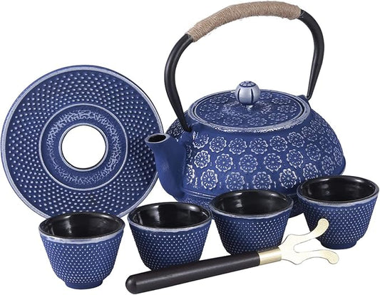 Ufine Blue Floral Cast Iron Teapot Set Japanese Style Tetsubin Tea Kettle with 4 Cups, Stainless Steel Infuser for Stove Top Tea Brewing 28 oz