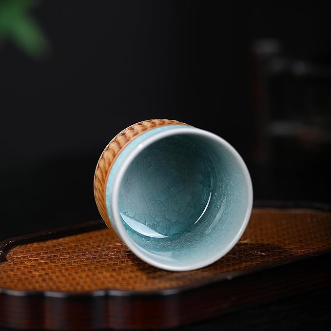 Ru Kiln Tea Cup - Handcrafted Chinese Japanese Ceramic Kungfu Tea Cup with Ice Crystal Crackle Glaze, Double Layer Insulated, Light Blue Interior & Textured Exterior for Tea/Coffee Lovers