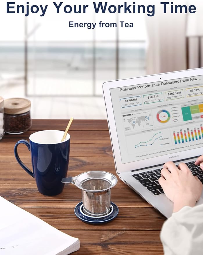 Tea Cup with Infuser and Lid, 17 oz Large Tea Infuser Mug with 2 Lids, Ceramic Teacups for Women, Men, Kids, Loose Leaf, Gifts