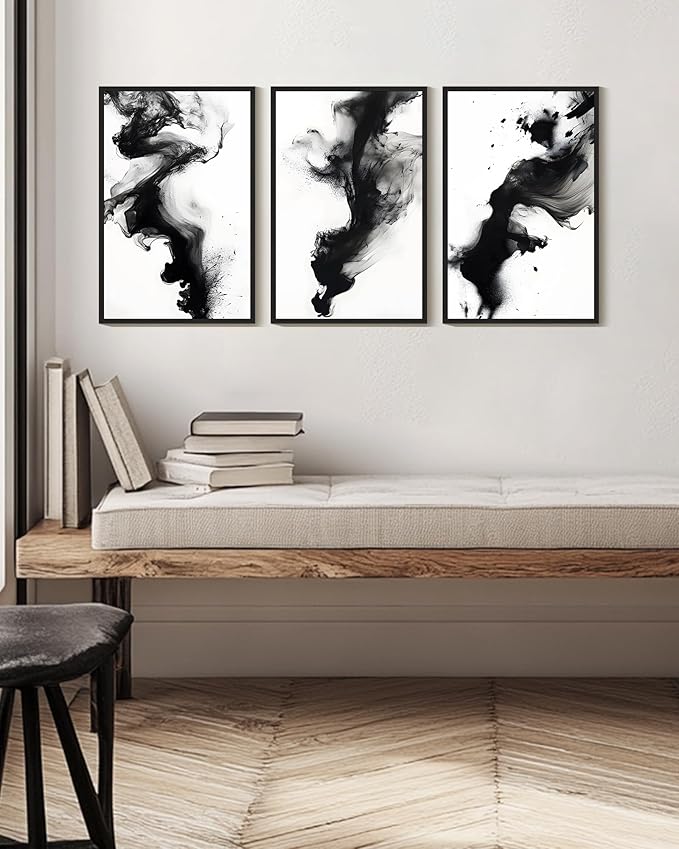 KUVIOKE Black White Abstract Framed Canvas Wall Art Ink Wash Pastel Wall Decor Modern Rendering Illustration Art Painting for Bedroom Dining Room 16x24in (Black Framed)