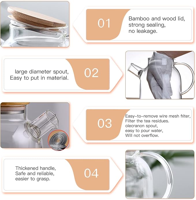 Glass Teapot 34oz/1000ml, Stovetop & Microwave Safe Borosilicate Tea Pot,Clear Teapot with Strainer, Glass Tea Kettle with Wooden Lid for Loose Leaf、Fruit Tea and Fragrant Tea