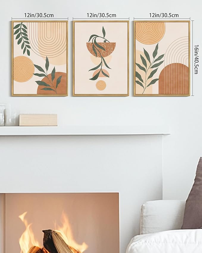 KUVIOKE Boho Wall Art Framed Canvas Botanical Mid Century Modern Wall Printing Neutral Abstract Geometric Prints Bohemain Sage Decor for Farmhouse Living Dining Room 12x16in (Natural Framed)