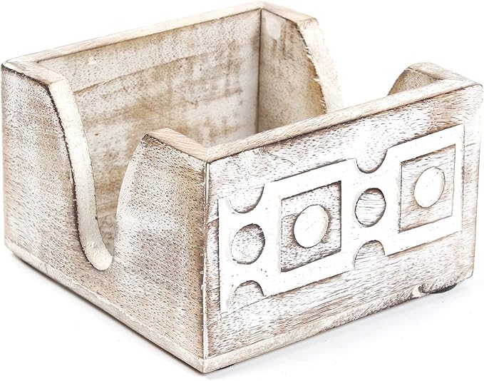 Wooden Set of 6 Whitewash Coasters for Drink Tea Coffee Table White Distressed Coaster with Holder Stand Dining Home Décor (Design2)