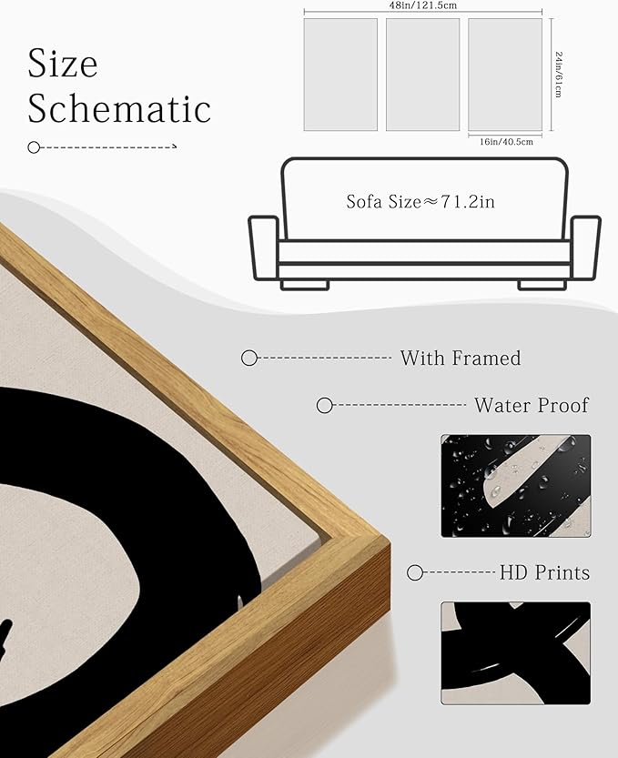 KUVIOKE Black Abstract Framed Wall Art Ink Wash Minimalist Lines Canvas Painting Artwork for Bedroom Hallway 16x24in (Natural Framed)
