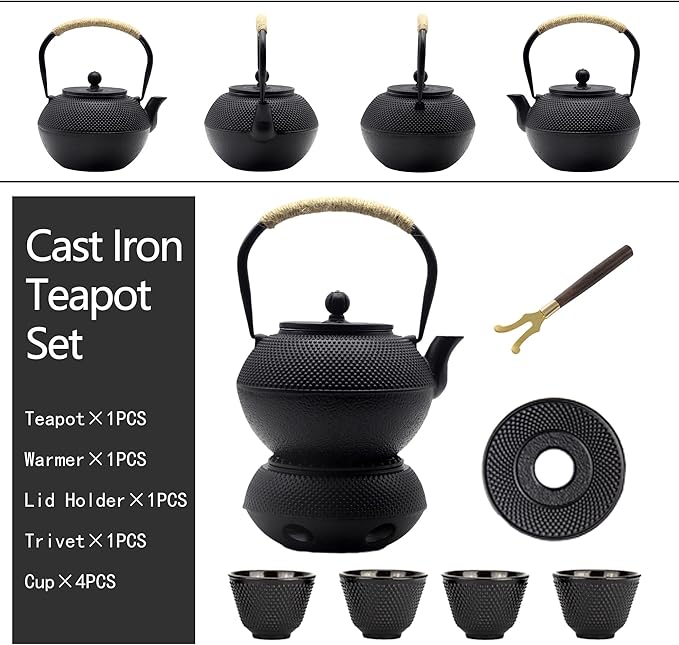 YJX 40.6oz Cast Iron Teapot Set with Warmer, Japanese Tea Set for Stovetop, 1200ml Black Tea Pot and Tea Cups Set, Tea Kettle with Infuser for Loose Leaves, Enameled Asian Teapot Sets for Adults