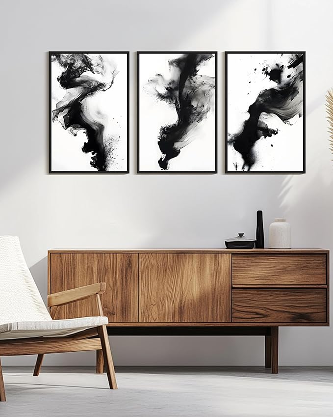 KUVIOKE Black White Abstract Framed Canvas Wall Art Ink Wash Pastel Wall Decor Modern Rendering Illustration Art Painting for Bedroom Dining Room 24x36in (Black Framed)