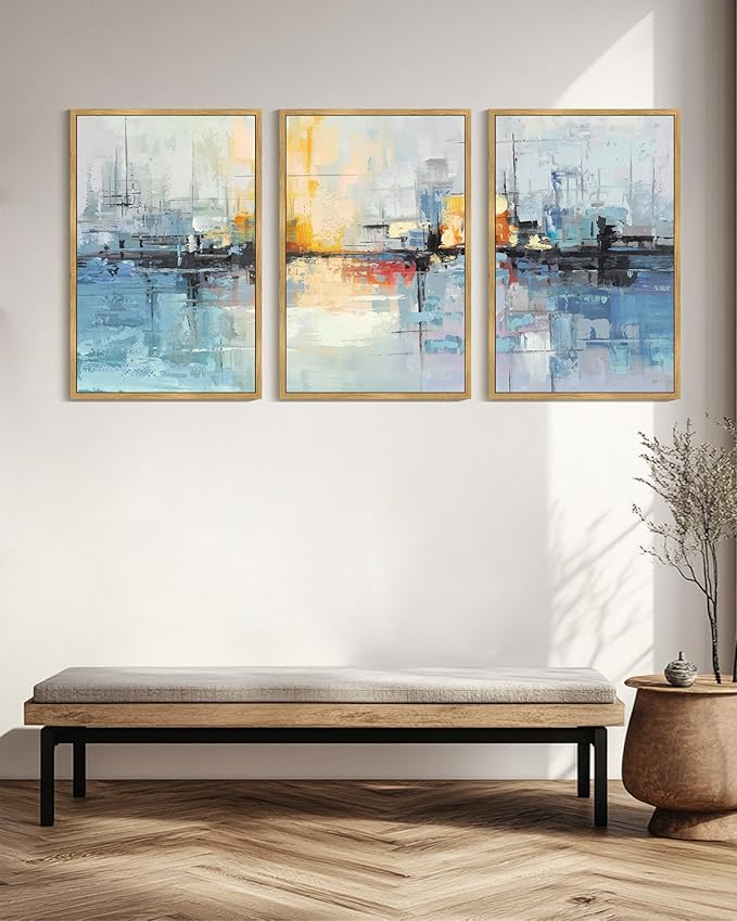 KUVIOKE Navy Blue Abstract Landscape Framed Canvas Wall Art Graffiti Shape Pastel Wall Decor Modern Minimalist Art Painting for Bedroom Dining Room 24x36in (Natural Framed)