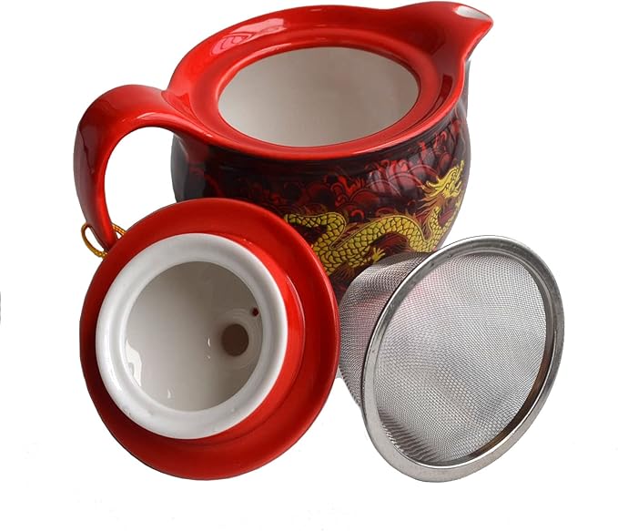 Ceramic Teapot With 6 Cups Set Chinese Porcelain Dragon Tea pot with Infuser and Teacup for Home Office Tea Set (red)