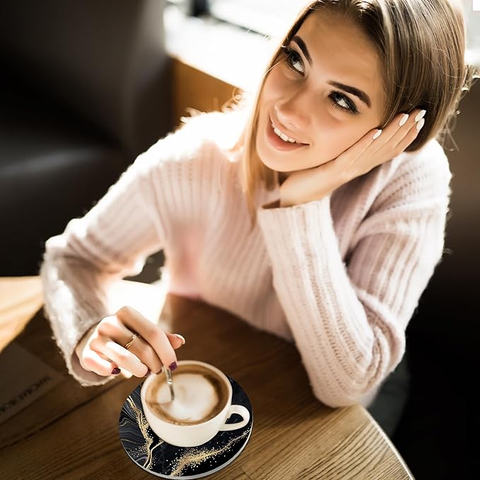 Coasters Set of 4, Black Marble Golden Glitter Ceramic Coasters with Cork Bottom for Kinds of Mugs and Cups, Home Decor, 4''