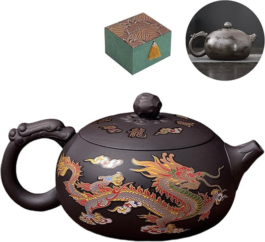 Color-Changing Yixing Purple Clay Teapot 15oz, Chinese Handmade Enchanted Dragon and Phoenix Zisha Tea Pot Gongfu Tea Set