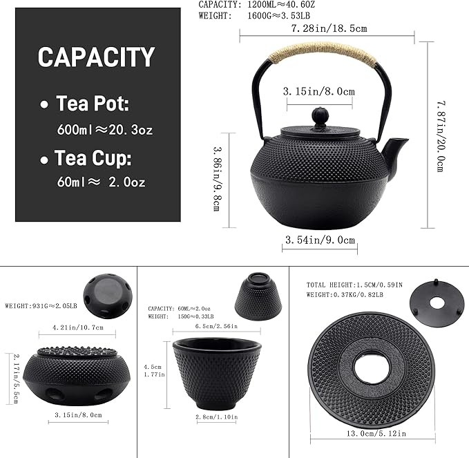 YJX 40.6oz Cast Iron Teapot Set with Warmer, Japanese Tea Set for Stovetop, 1200ml Black Tea Pot and Tea Cups Set, Tea Kettle with Infuser for Loose Leaves, Enameled Asian Teapot Sets for Adults
