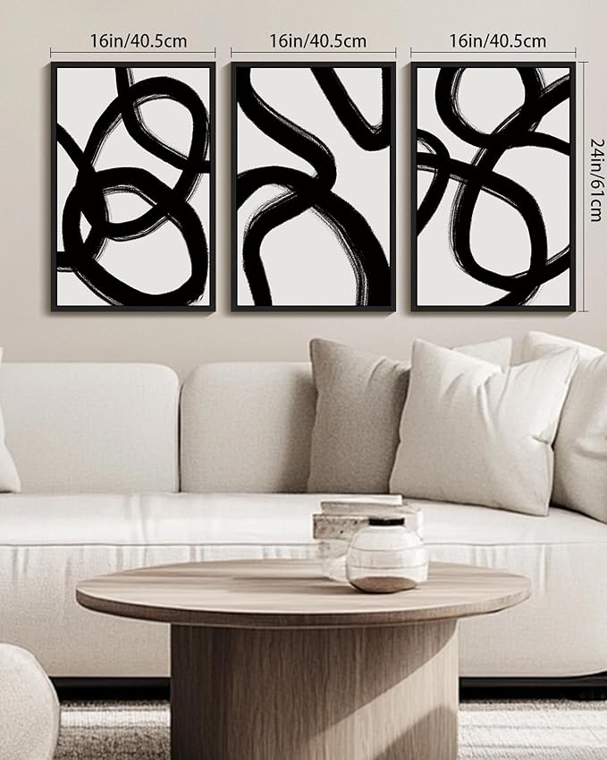 KUVIOKE Black and White Abstract Framed Wall Art Ink Wash Minimalist Lines Painting Artwork for Bedroom Hallway 16x24in (Black Framed)