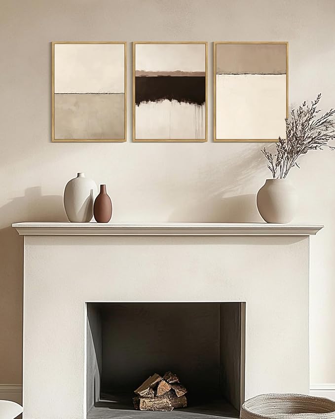 KUVIOKE Abstract Framed Canvas Wall Art Minimalist Beige Gray Pastel Watercolor Wall Decor Modern Illustration Neutral Art Painting for Bedroom Dining Room 12x16in (Natural Framed)