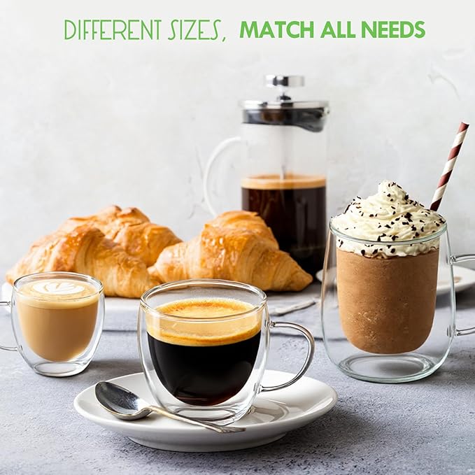 Espresso Cups Set of 4, 5 OZ Expresso Shots Glass Cups, Double Walled Glass Coffee Mugs with Handles, Espresso Machine Accessories, Insulated Espresso Shot Glasses, Clear Nespresso Cup for Cappuccino