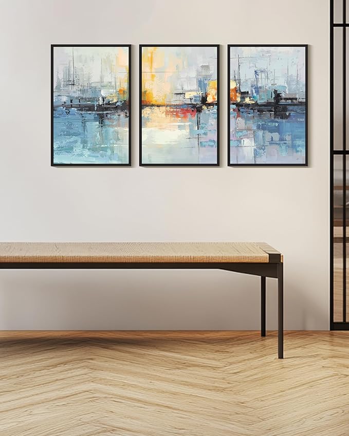 KUVIOKE Navy Blue Abstract Landscape Framed Canvas Wall Art Graffiti Shape Pastel Wall Decor Modern Minimalist Art Painting for Bedroom Dining Room 16x24in (Black Framed)