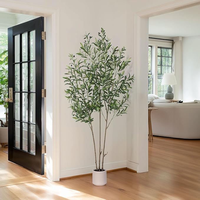 Artificial Olive Trees, 6 FT Tall Fake Olive Tree with White Planter for Indoor - Large Faux Olive Silk Tree for Home Office Decor