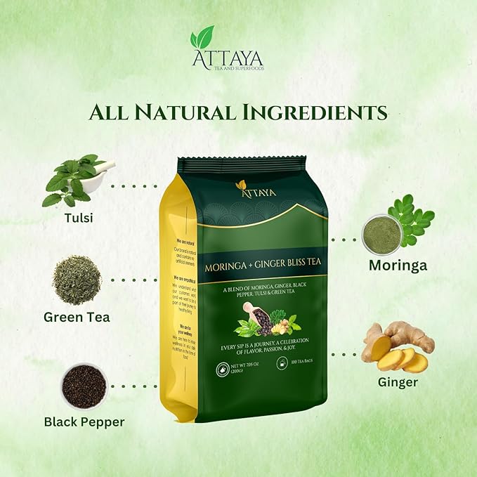 Attaya Moringa Ginger Bliss Tea – 100 Pyramid Bags | Antioxidant Superblend for Energy, Metabolism & Immunity | Moringa • Ginger • Tulsi • Black Pepper • Green Tea