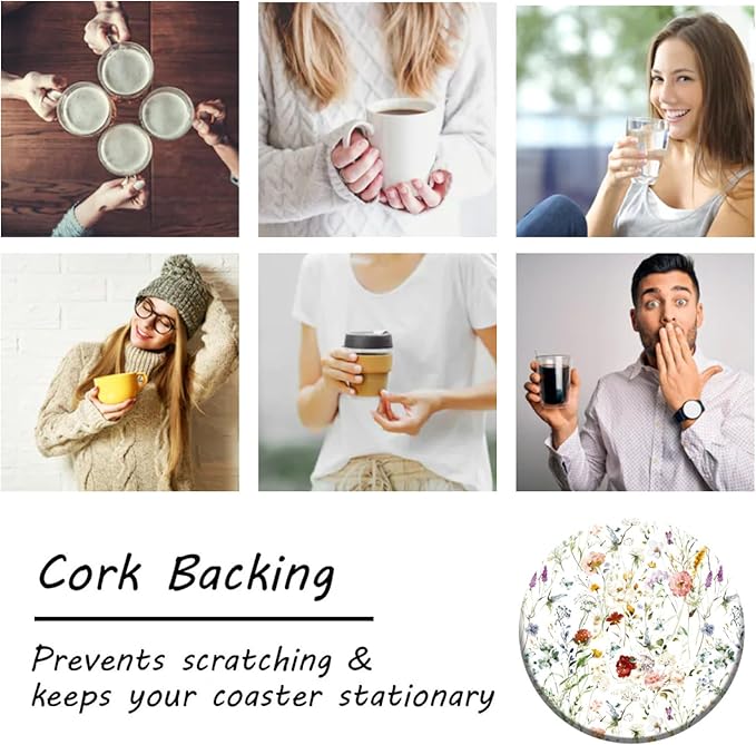 Coasters Set of 6 Watercolor Flowers Pattern Ceramic Drink Coaster with Cork Base Modern Style Coasters for Mugs and Cups Office Kitchen 4 in