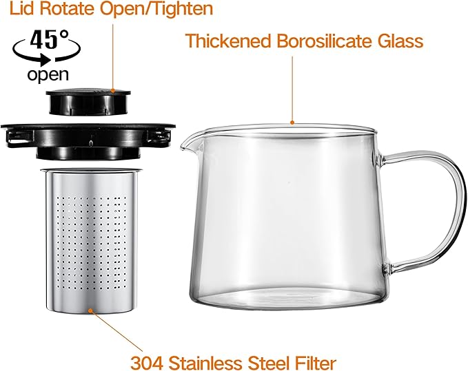 Glass Teapot 34oz/1000ml with 4 Pack Tea Cups Gift Set, Removable Stainless Steel Infuser Tea pot, Heatproof Borosilicate Glass Tea Make, Stovetop Safe Glass Tea Kettle for Loose