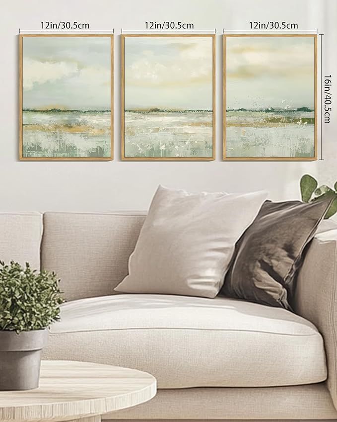 KUVIOKE Abstract Landscape Framed Canvas Wall Art Tan Green Pastel Wall Decor Modern Illustration Art Painting Nordic Calm for Livingroom Bedoom 12x16in (Natural Framed)