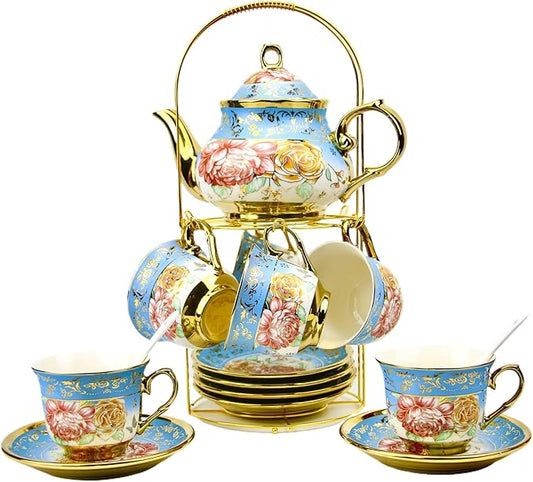 20 Pieces Porcelain Tea Set With Metal Holder, European Ceramic tea set for adults,Flower Tea Set,Tea Set For Women With Flower Painting