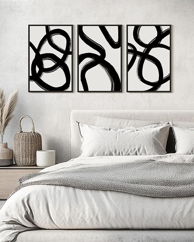 KUVIOKE Black and White Abstract Framed Wall Art Ink Wash Minimalist Lines Painting Artwork for Bedroom Hallway 16x24in (Black Framed)