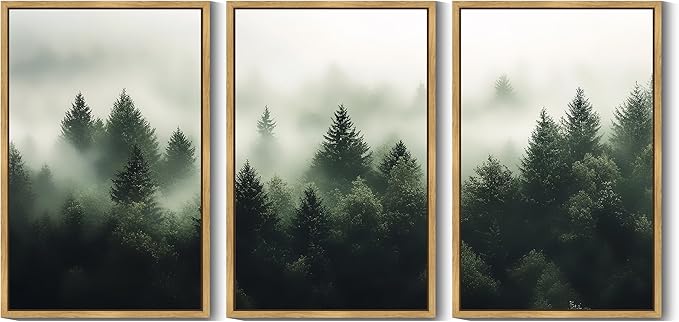KUVIOKE Morden Green Fog Pine Tree Framed Canvas Wall Art Nature Nordic Forests Artwork Painting Bedroom Decor 24x36in (Natural Framed)