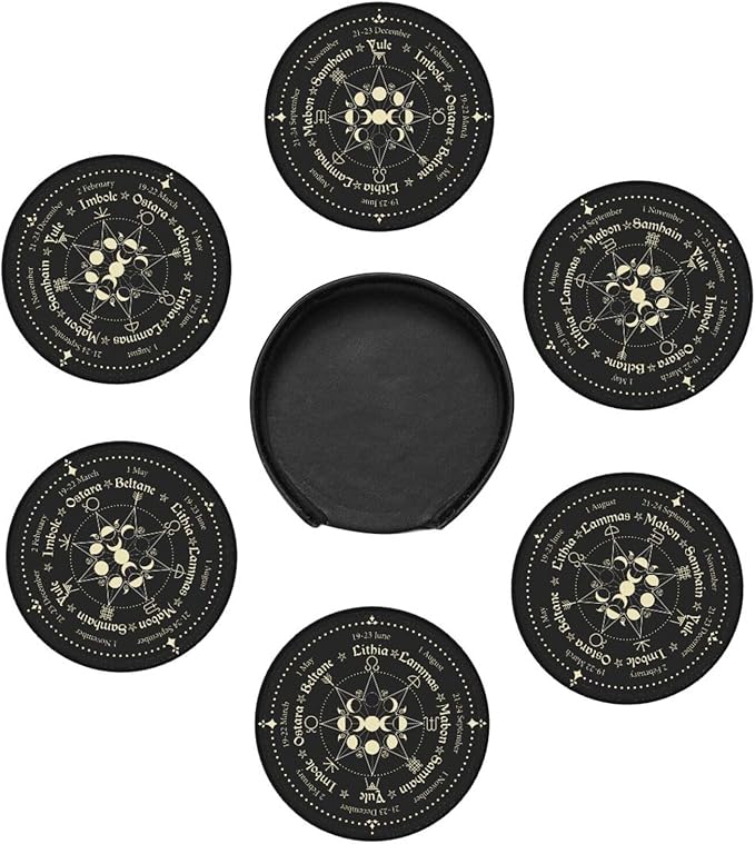 Mystic Witchy Leather Drinks Coasters with Holder, Set of 6, Suitable for Various Cups