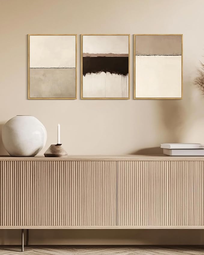 KUVIOKE Abstract Framed Canvas Wall Art Minimalist Beige Gray Pastel Watercolor Wall Decor Modern Illustration Neutral Art Painting for Bedroom Dining Room 12x16in (Natural Framed)