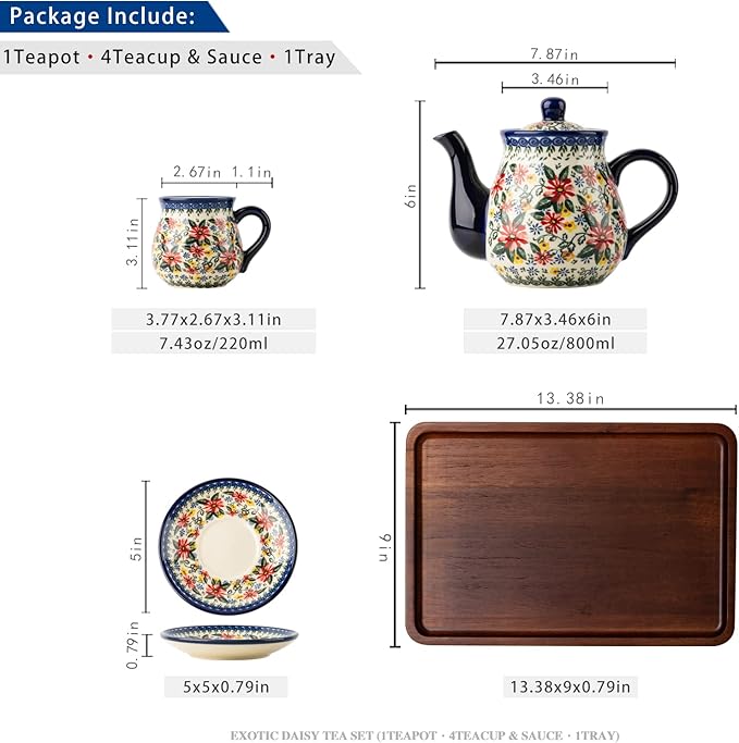 polish pottery style porcelain ceramic 10 piece Tea set,7.2oz tea cup and sauce set of 4,28.2oz teapot and wooden serving tray.（ Exotic Daisy）