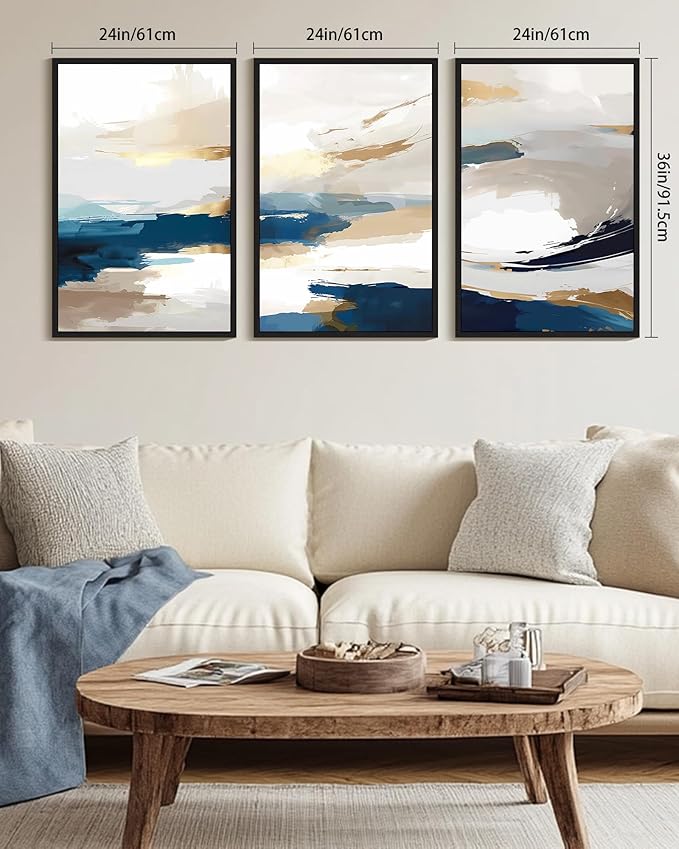 KUVIOKE Navy Blue Abstract Framed Canvas Wall Art Graffiti Shape Pastel Wall Decor Modern Minimalist Art Painting for Bedroom Living Room 24x36in (Black Framed)