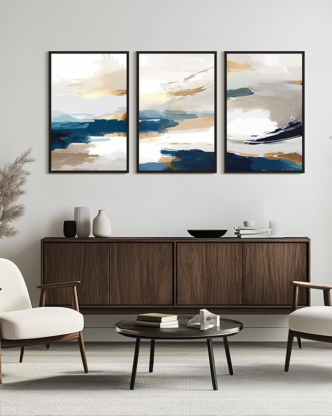 KUVIOKE Navy Blue Abstract Framed Canvas Wall Art Graffiti Shape Pastel Wall Decor Modern Minimalist Art Painting for Bedroom Living Room 24x36in (Black Framed)