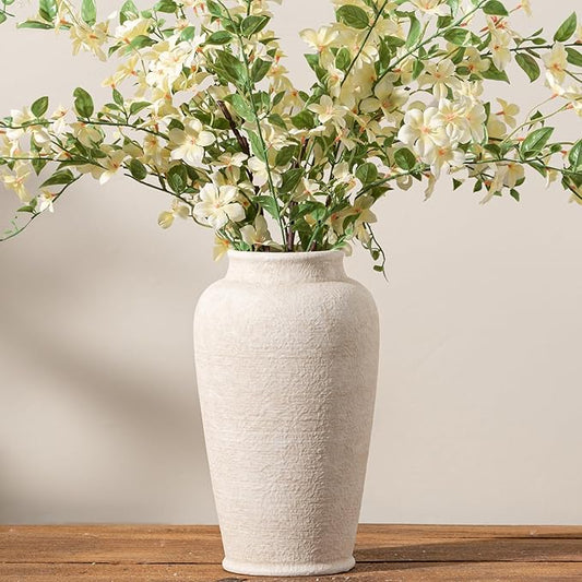 Ceramic Flower Vase, 11 Inch Large White Flower Vase Tall Rustic Farmhouse Decorative Vase Floral Pottery Vases for Home Decor Table Living Room Entryway Mantel Bedroom Bathroom Kitchen - White
