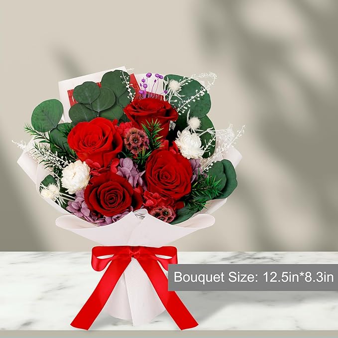 Perfectione Roses 4 Roses Mixed Bouquet for Mother's Day, Flowers for Delivery, Preserved Flowers Birthday Gift for Women Mom Wife Grandma Her, Red