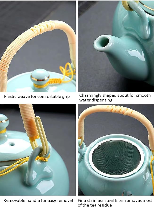 KEYDUACU Japanese Tea Set, Celadon Ceramic Tea Set, Plum Blossom Embossed, Includes 1 Teapot, 6 Anti-scald Teacups,Tea Tray,Strainer, Home, Outdoor, Gift, Chinese Kung Fu Tea Set(FDMH-FT-CYAN)