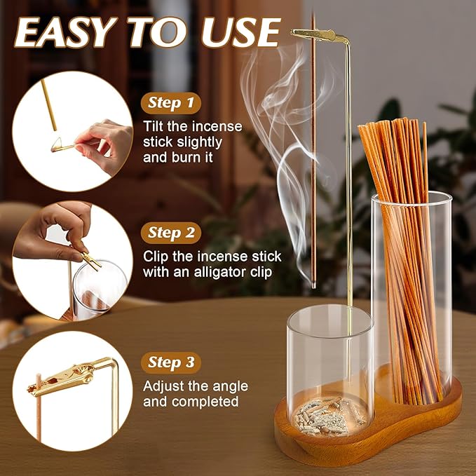 2 in 1 Incense Holder for Sticks, Dual-Purpose Incense Holder with Glass Ash Catcher, Anti-Ash Flying Burner and Organizer, Meditation Yoga Spa Home Decor for Sticks Cones(Wood, Dark Brown)