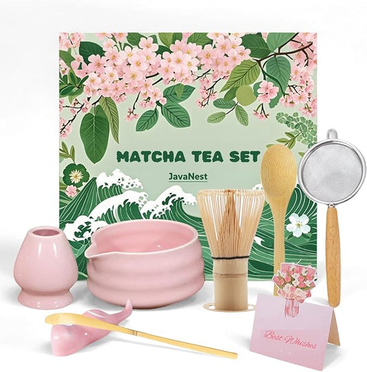 Matcha Tea Set, 7-Piece Matcha Making Kit, Macha Whisk Set, Matcha Bowl with Spout, Chasen Whisk Holder, Macha Starter Sifter, Bamboo Scoop, Spoon Japanese Tea Tools For Ceremony Gift (Pink)