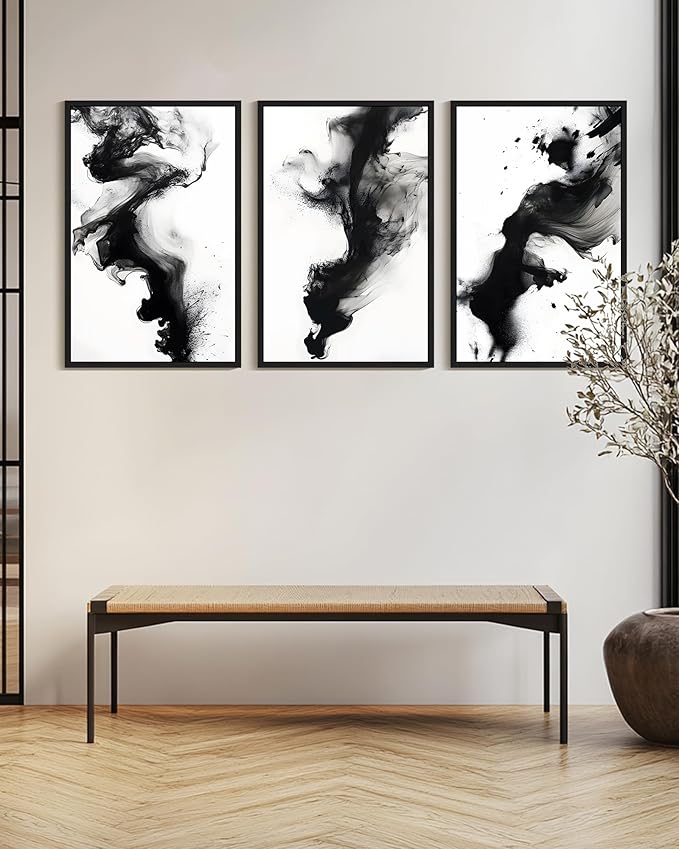 KUVIOKE Black White Abstract Framed Canvas Wall Art Ink Wash Pastel Wall Decor Modern Rendering Illustration Art Painting for Bedroom Dining Room 24x36in (Black Framed)