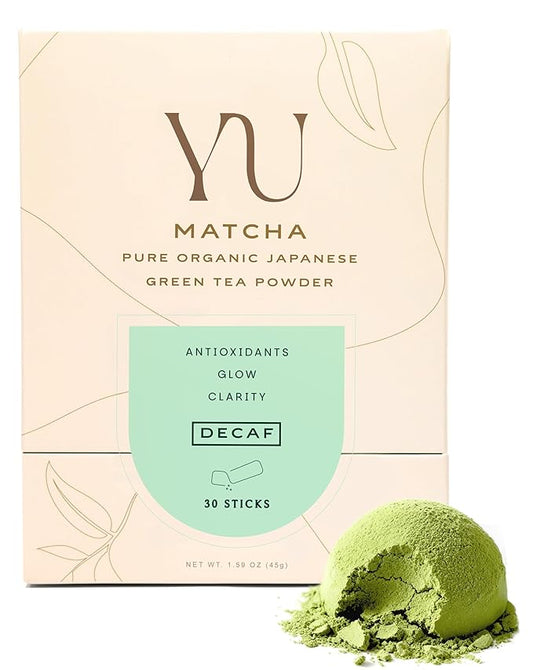 Yu Tea Organic Decaf Matcha Powder Ceremonial Grade, 30 Instant Packets | Rich in Antioxidants & L-Theanine, Low Caffeine | Unsweetened Grade A Japanese Green Tea Powder | Single Serve Sticks