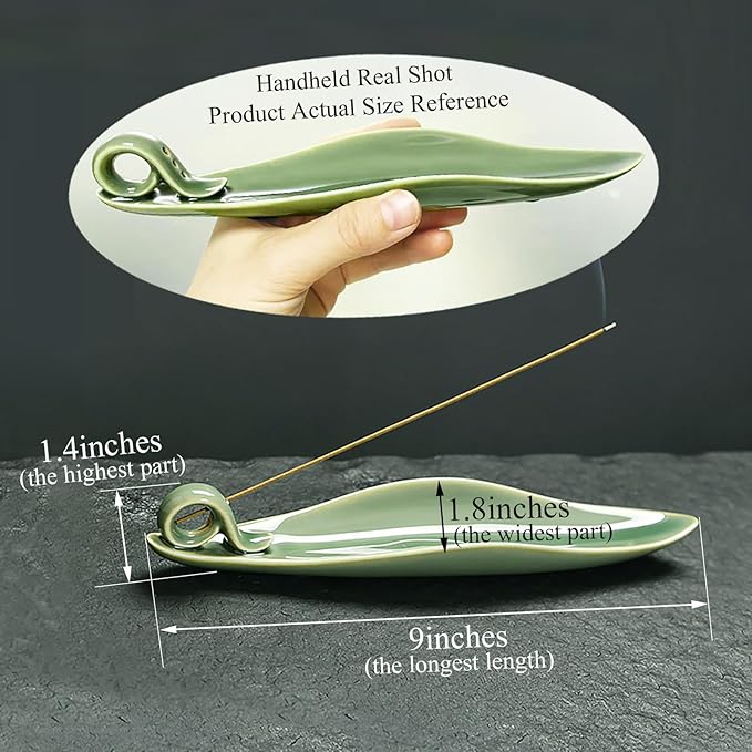 9" Length Incense Stick Holder with 3 Holes, White Porcelain Incense Tray Ash Cather for Spa, Meditation Room, Yoga, Home, Office (Green)