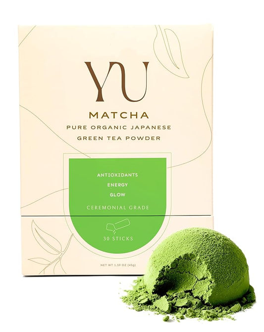 Yu Tea Organic Ceremonial Grade Matcha Powder, 30 Instant Packets | Packed with Antioxidants, L-Theanine & Natural Caffeine | Unsweetened Grade A Japanese Matcha Powder | Single Serve Sticks