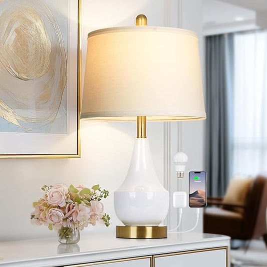 Modern White Table Lamp, 24" Ceramic Table Lamp with USB A+C Ports,Classic Beside Lamps Nightstand Lamp Modern Lamp for Living Room, Bedroom & Office -LED Bulbs Included