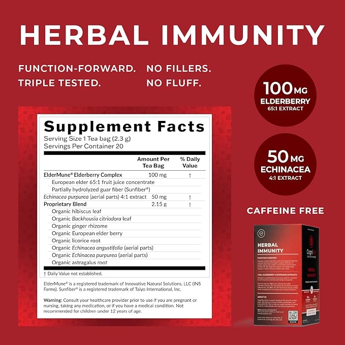 CogniTea Herbal Immunity Tea - Immune System Booster - 100mg High- Potency Elderberry, 50mg Echinacea, Lemon, & Ginger Organic Herbal Tea Bags - Caffeine Free Immunity Boost