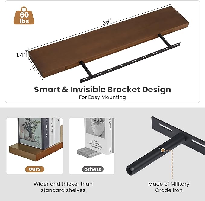 Fun Memories Wood Floating Shelves Set of 2, Rustic Pine Wood Floating Shelves for Wall Mounting, Wide Wall Shelf for Home Decor and Storage, 36" W x 7" D, Walnut
