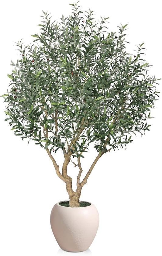 Olive Tree Artificial Indoor, 8FT Tall Faux Olive Tree with 18in White Planter, Artificial Plants with Natural Wood Trunk and Lifelike Fruits for Home Office Decor,VN205